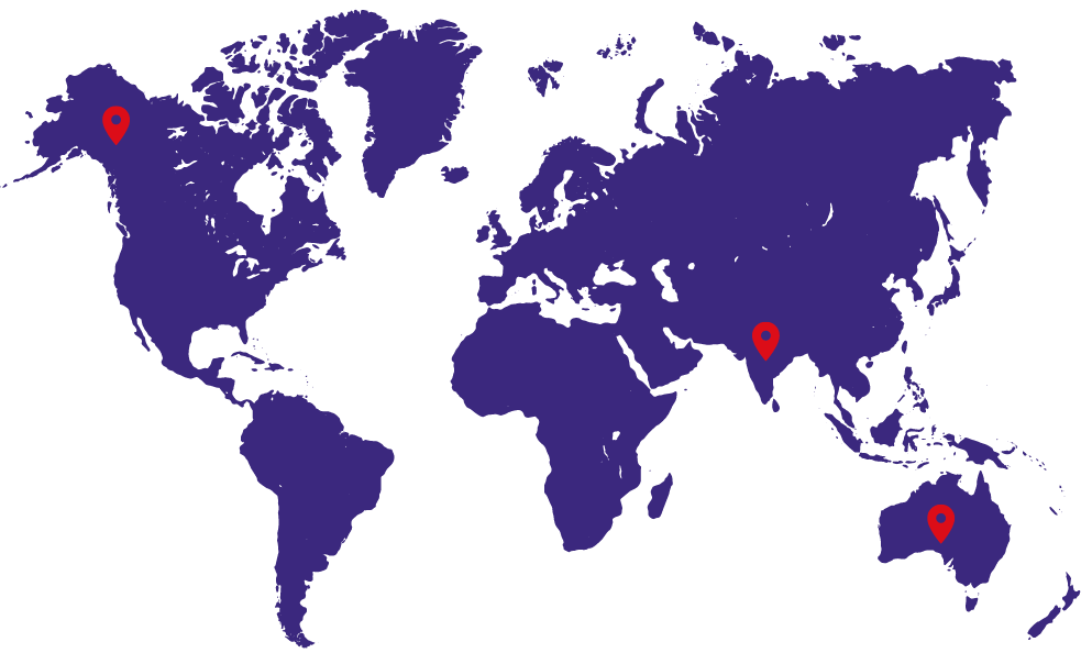Global service locations of RCSPL Canada Inc. highlighted on a minimalist world map